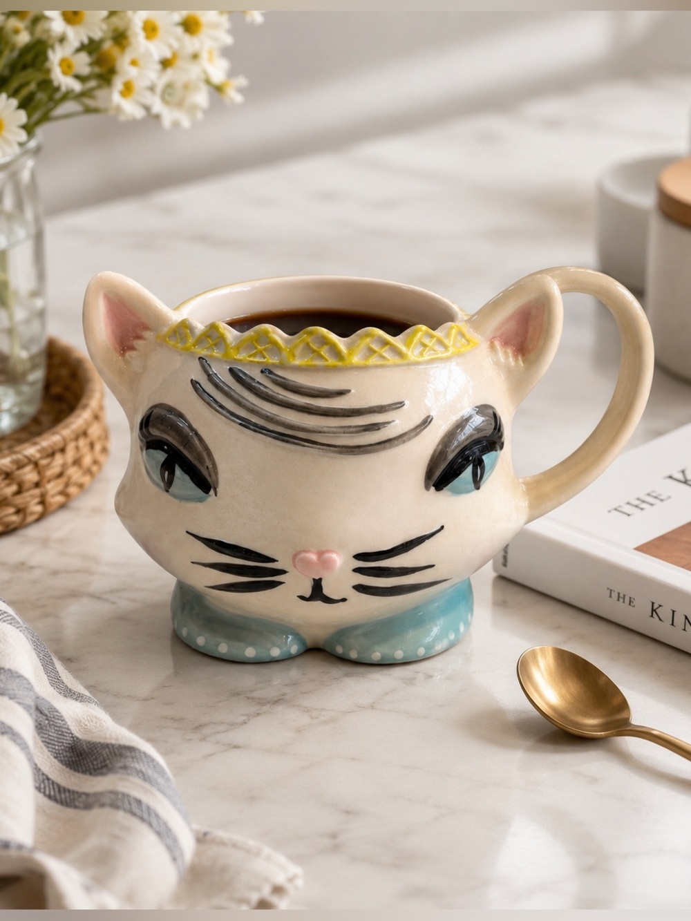 Home Essentials Cat Face Mug with Yellow and Blue Accents‎